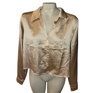 Sweet Rain NEW Satin Button Up Long Sleeve Crop Shirt Top Gold Sparkle Holiday